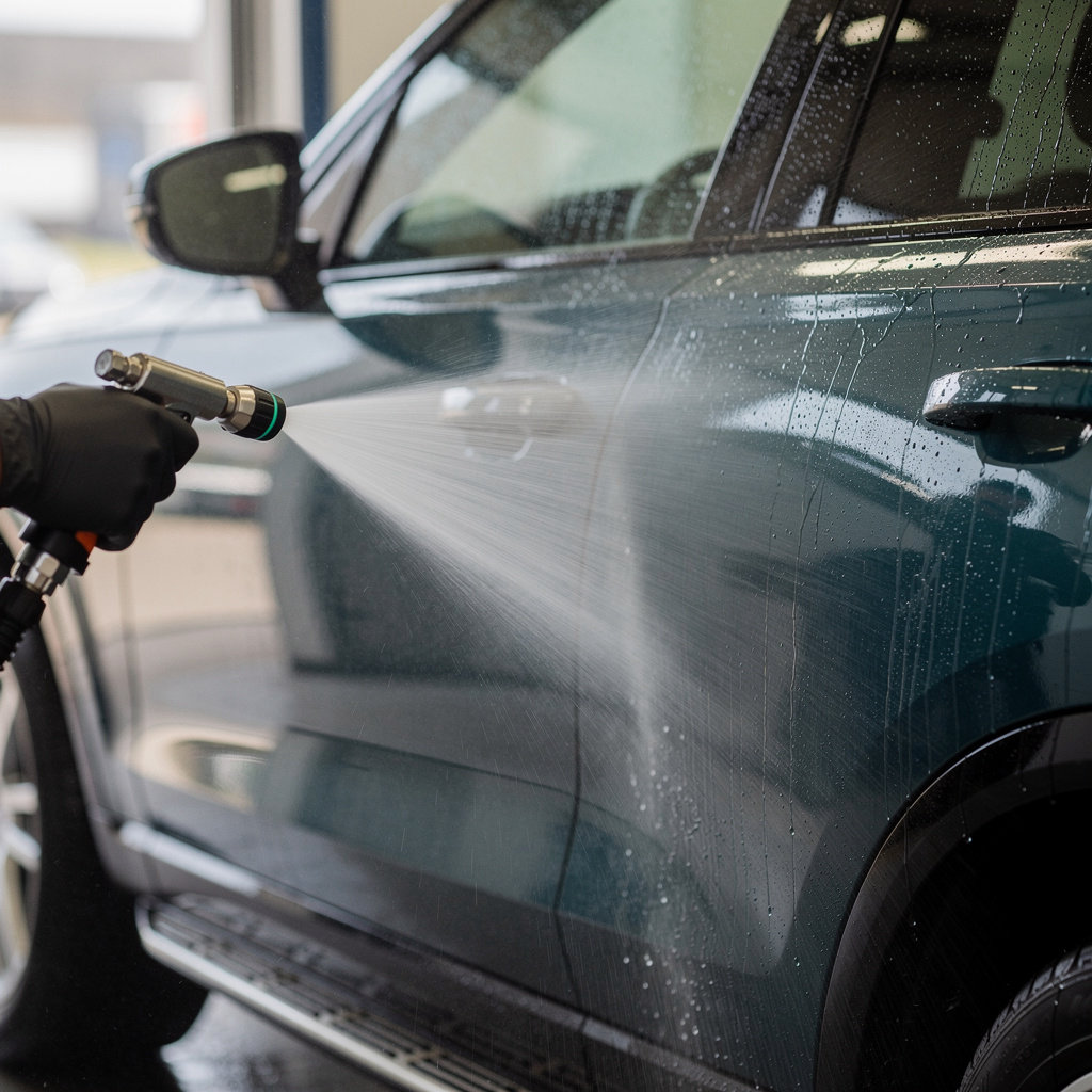 Smirle car wash touchless technology - professional high-pressure water jets cleaning vehicle safely